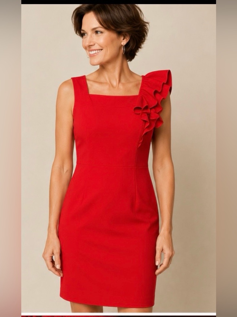 Calvin Klein Red Ruffle Shoulder Dress Size 12 Sleeveless Sheath